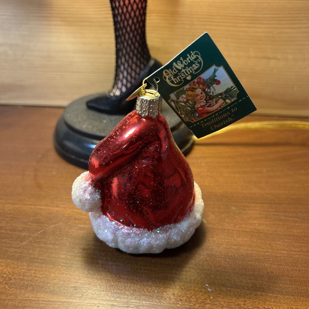 NWT Old World Christmas Glass Santa Claus Hat Ornament Red White Glitter